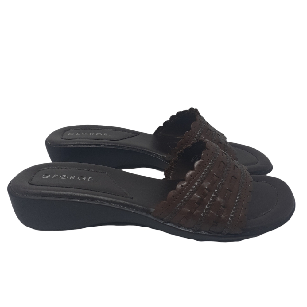 George Leather Basket Weave Sandals Brown Size 10 Slip On